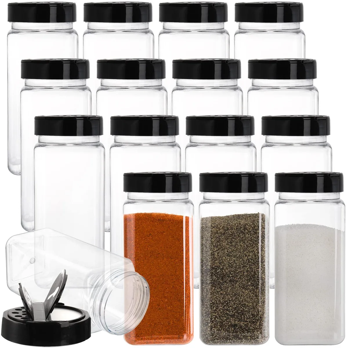 Sixteen clear square 20 oz spice jars with flip-top shaker pourer lids