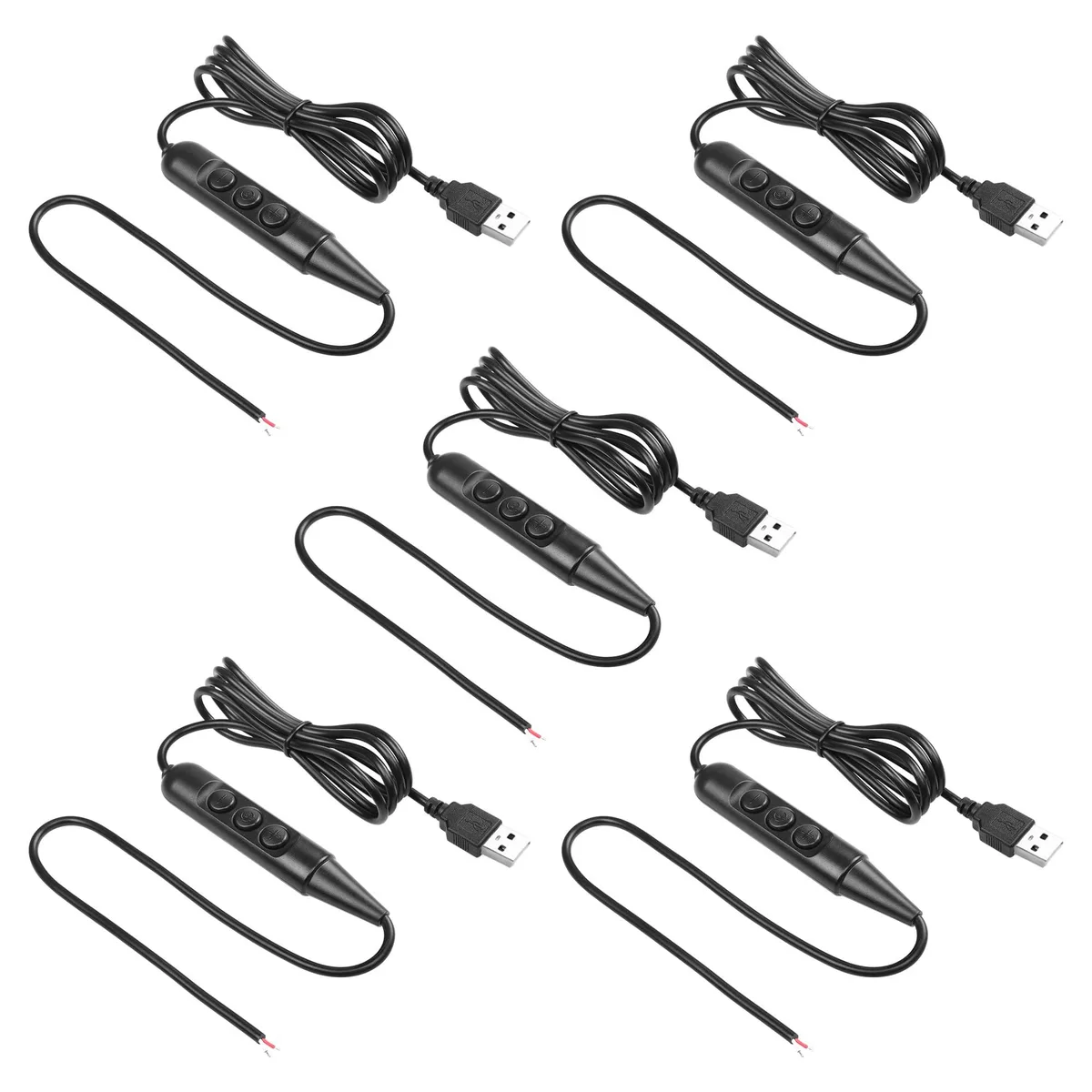 Black USB 2.0 A male to stripped ends cable with inline 6-speed dimmer switch, 1.5 m length, five pieces