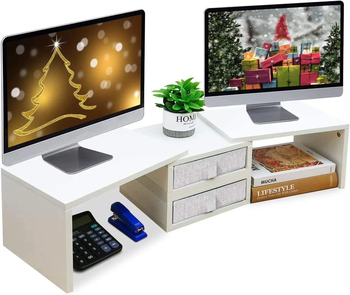 White wooden dual monitor stand with two drawers, adjustable length and angle
