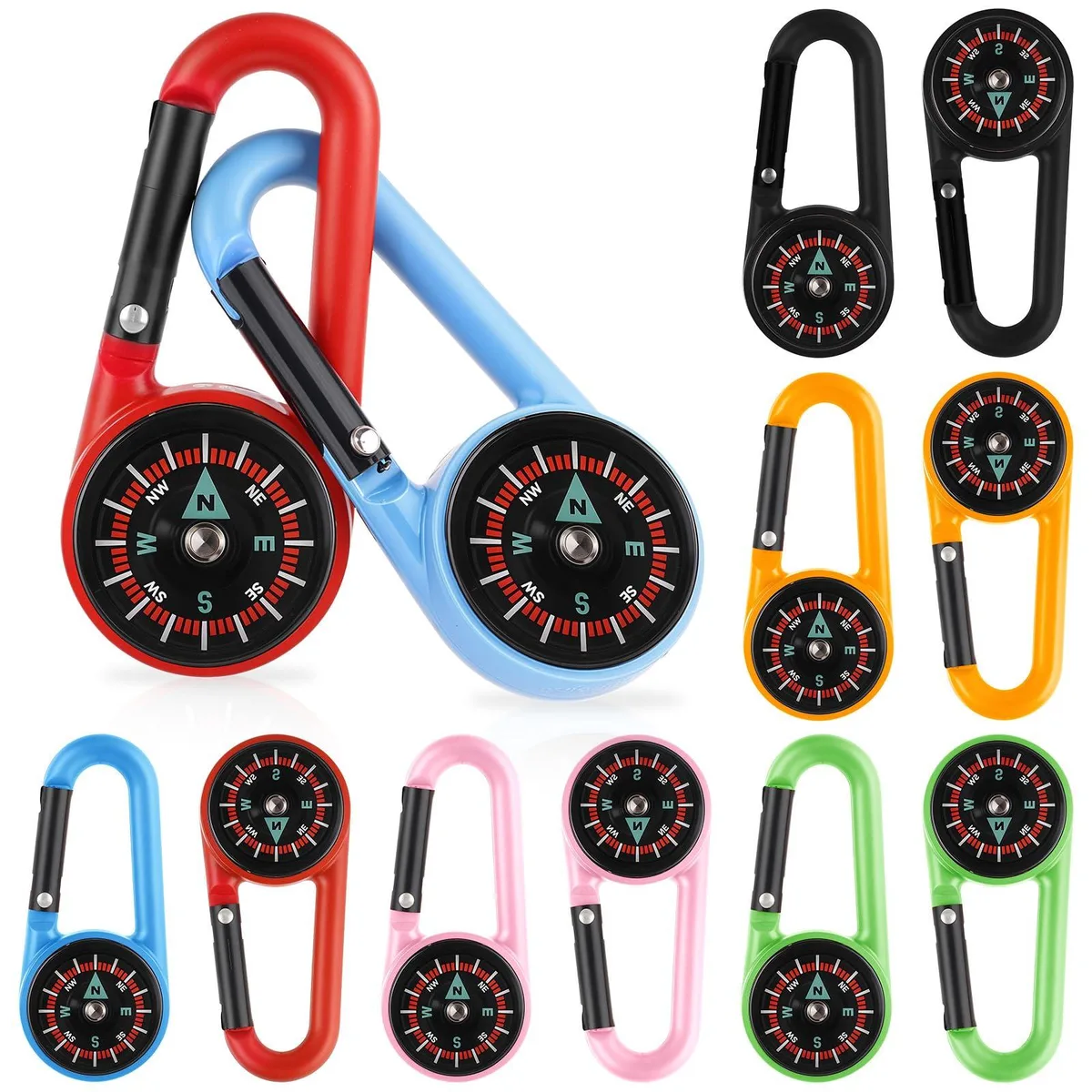 Twelve small plastic compass keychains with carabiner clips in assorted colours