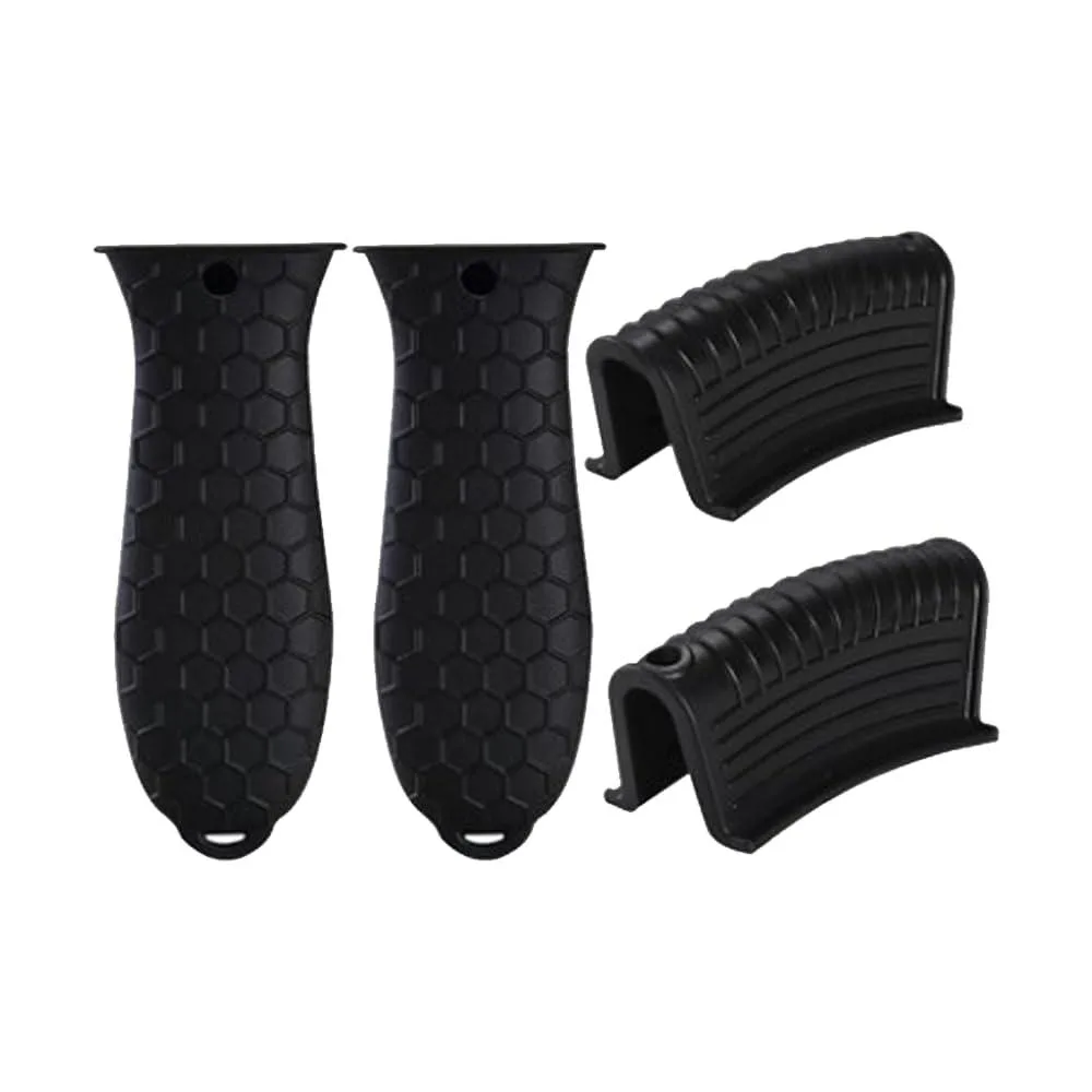 Four black oval silicone handle covers with textured grip and hanging holes