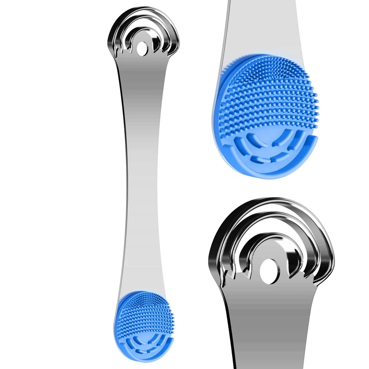 Blue dual-ended tongue scraper with three-layer stainless steel head and soft silicone brush, ergonomic handle