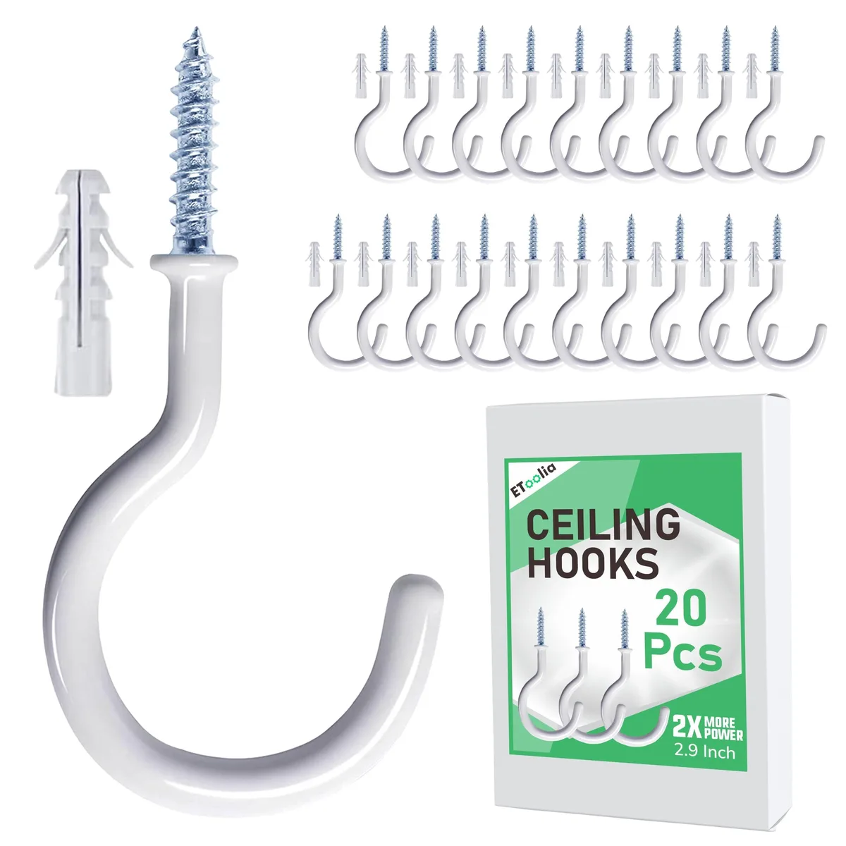Twenty white vinyl-coated steel ceiling hooks 2.9 inches long with plastic anchors