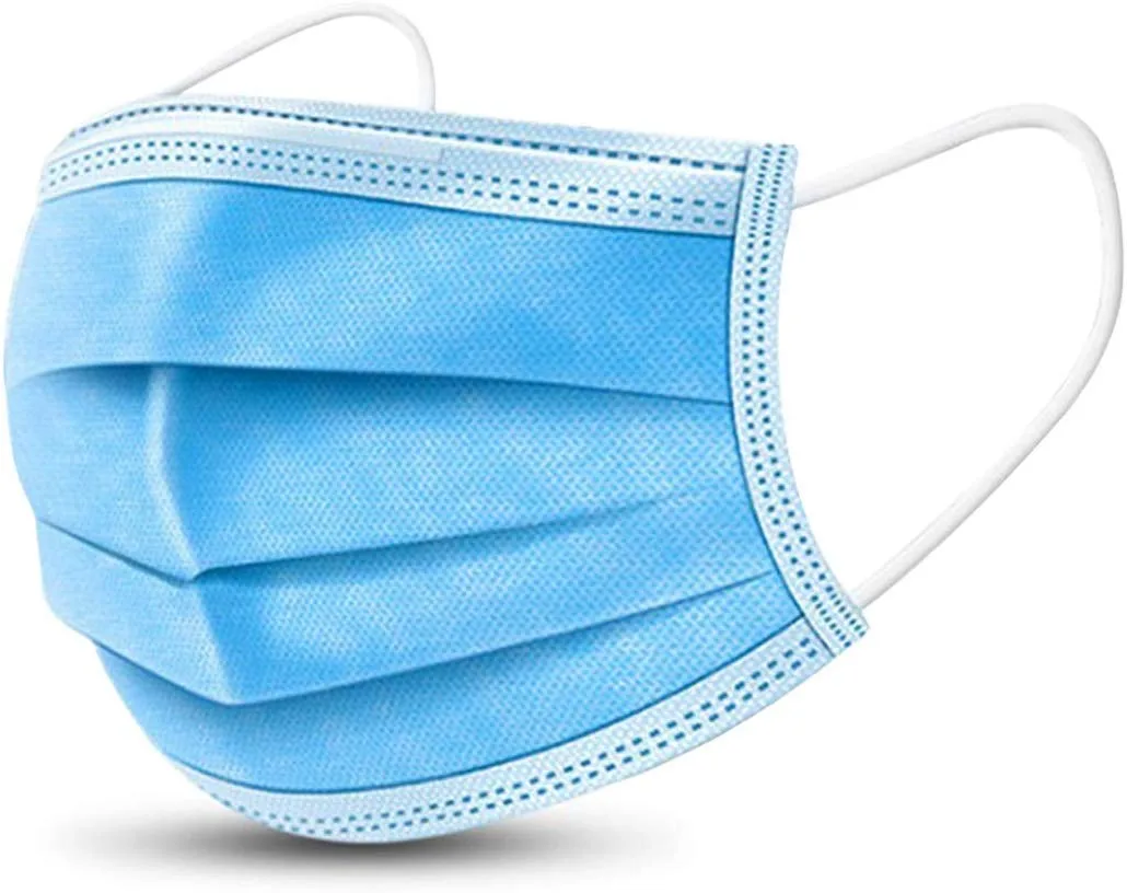 Box of 50 blue three-ply disposable face masks with ear loops