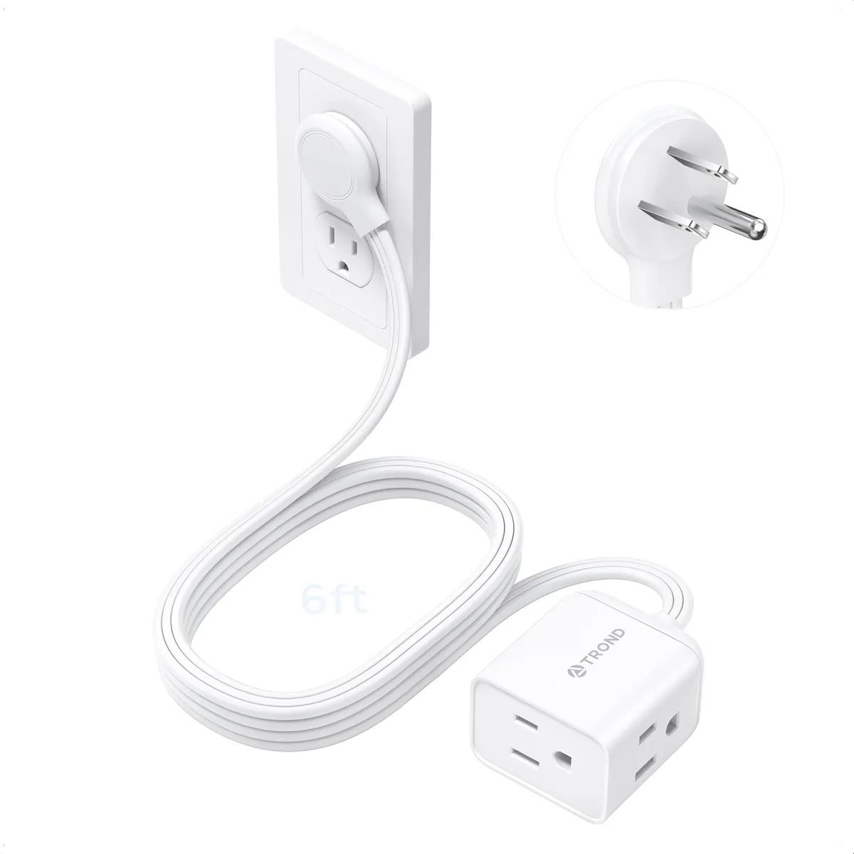  TROND TD-EC-US01R power extension cord 6 ft 3 outlets 13A 125V 1625W right angle flat plug .33 in white — product photo