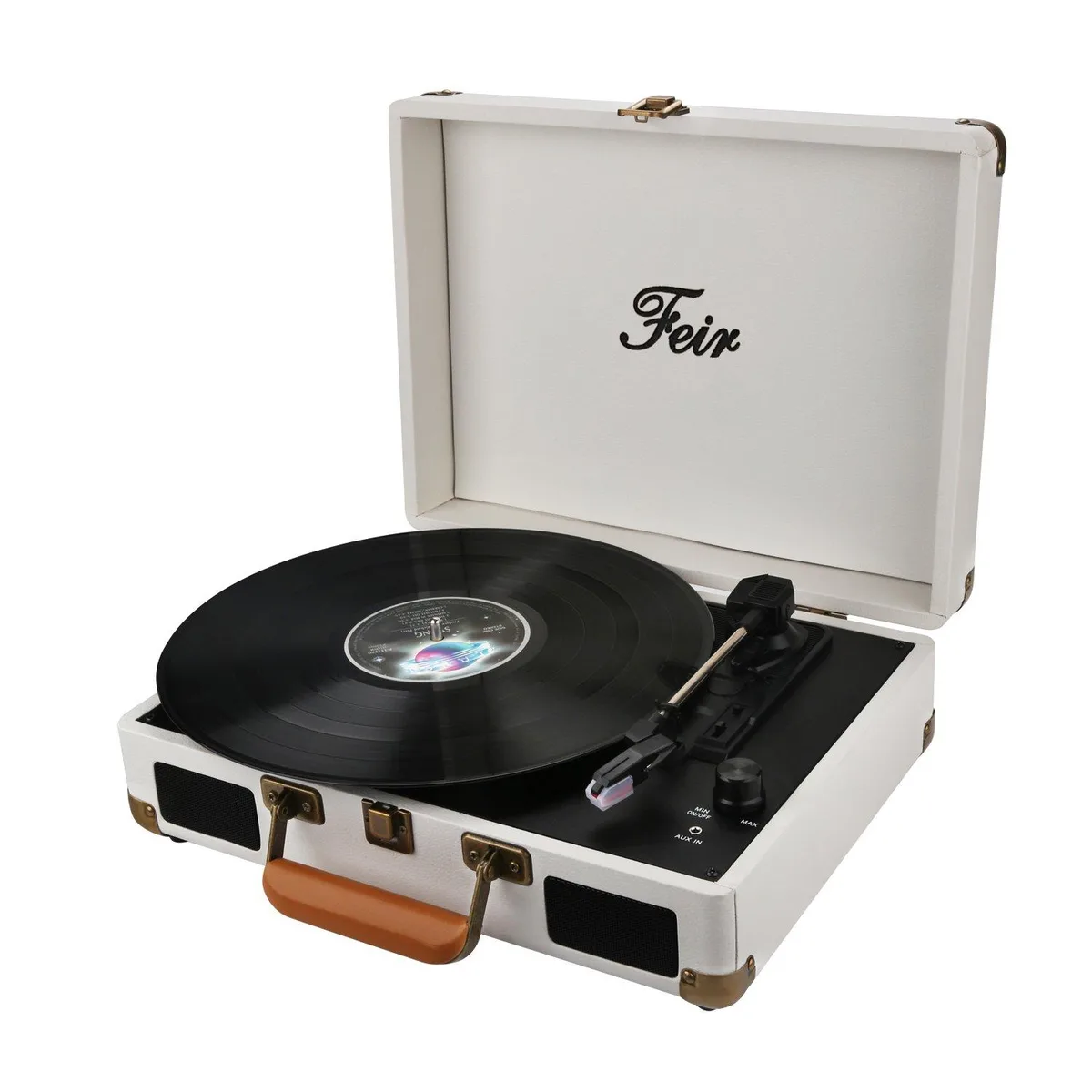 White suitcase-style turntable with built-in speakers, hinged dust cover and carry handle