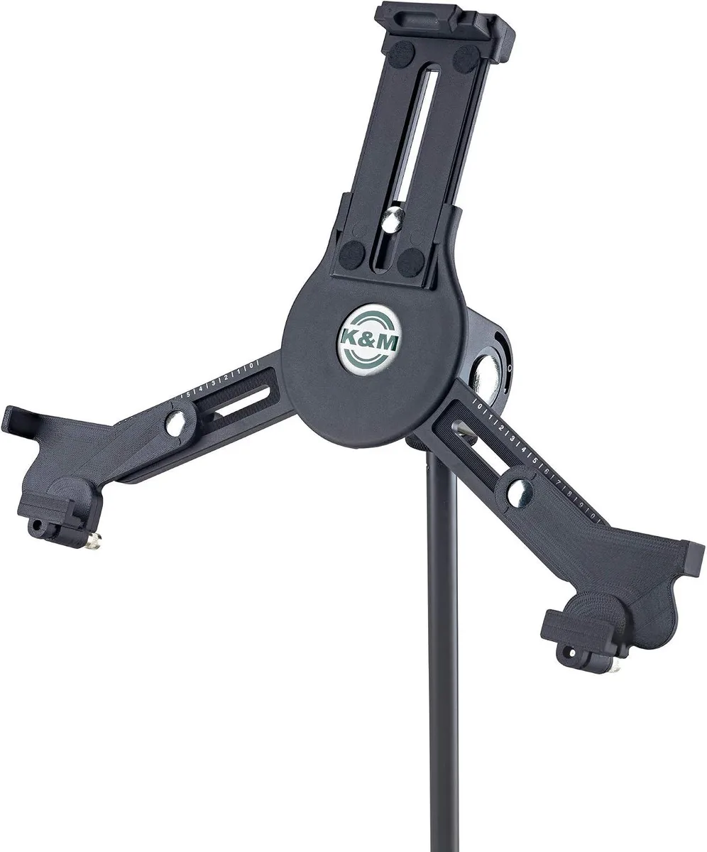Black tablet holder with adjustable arms and spring clamp for mic stand mounting