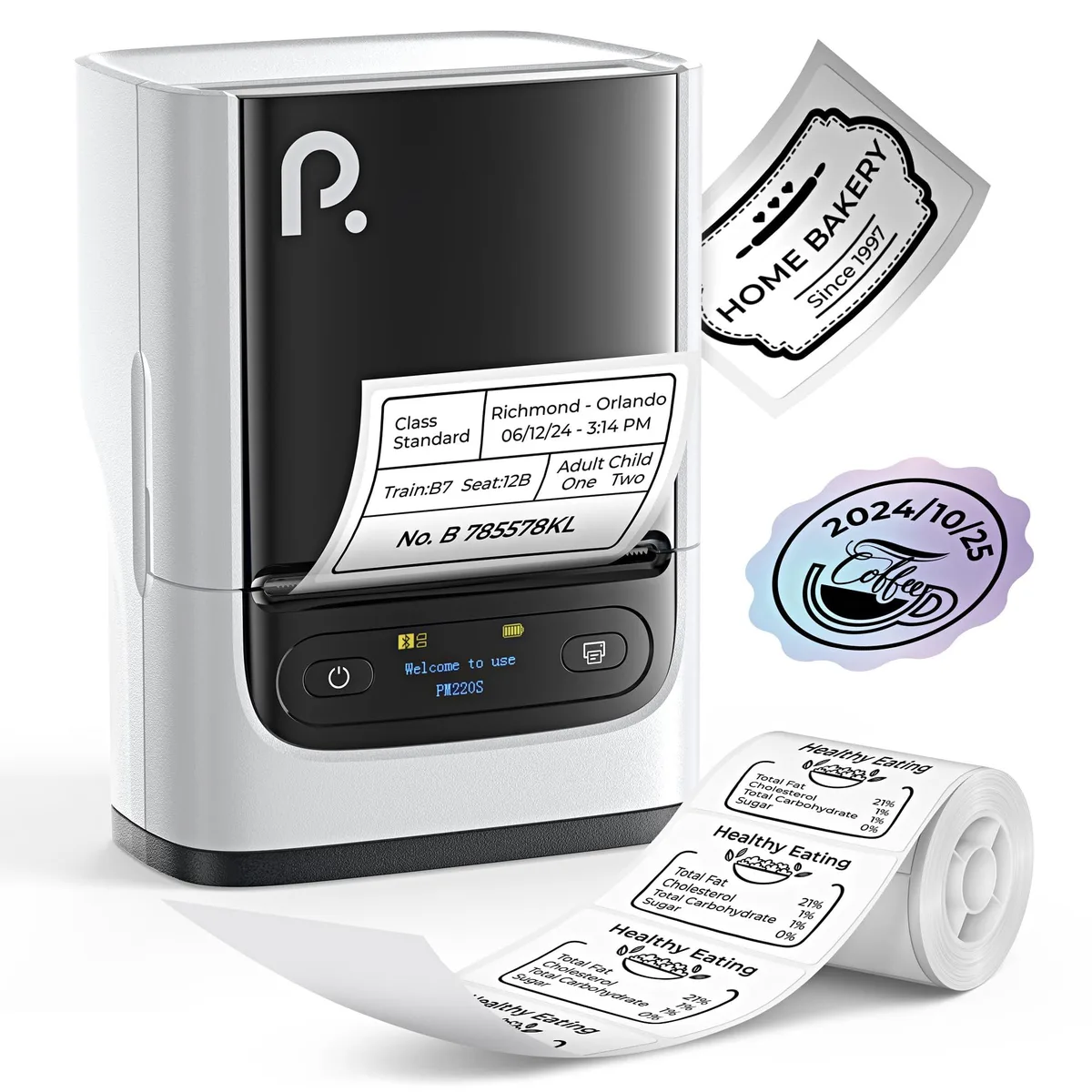 Compact white label printer with LED screen, Bluetooth, thermal printing, 23 to 54 mm width
