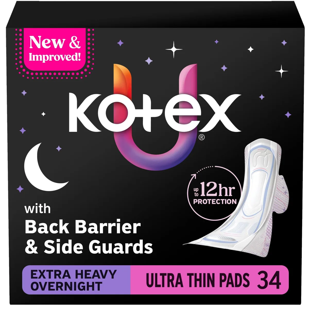 Cardboard box containing 34 individually wrapped overnight pads with wings