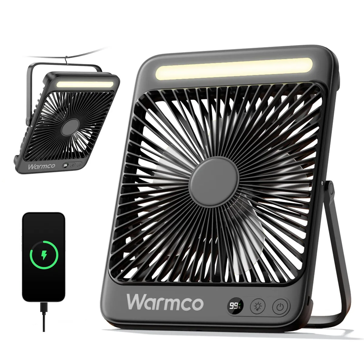 Slim white plastic camping fan with foldable stand and LED lantern hook