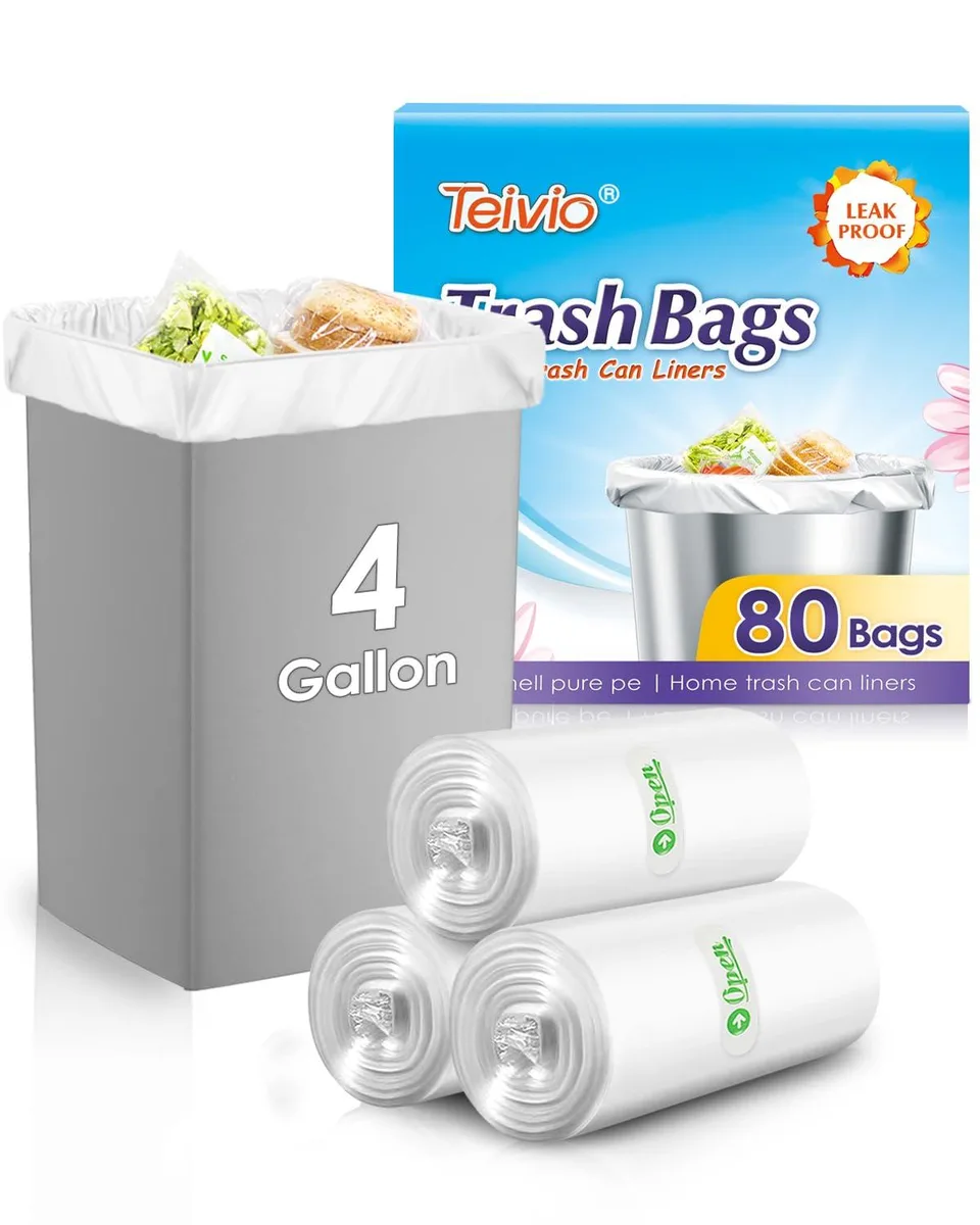 Clear plastic 4 gallon trash bags in a pack of 80