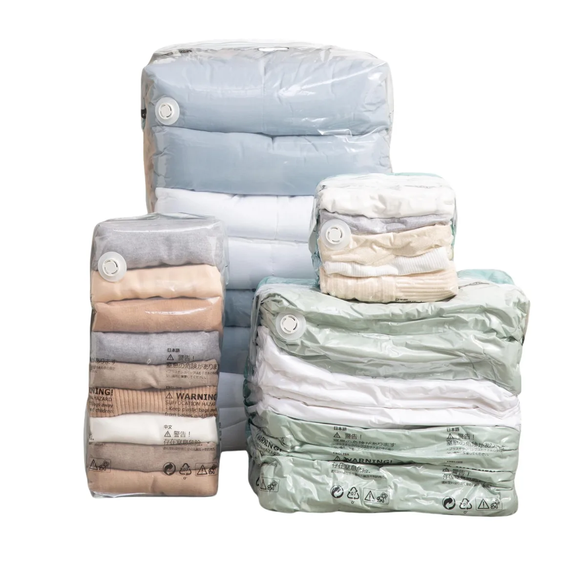 Six cube-shaped vacuum storage bags in clear plastic, three medium and three large, with double zip seals and one-way valves