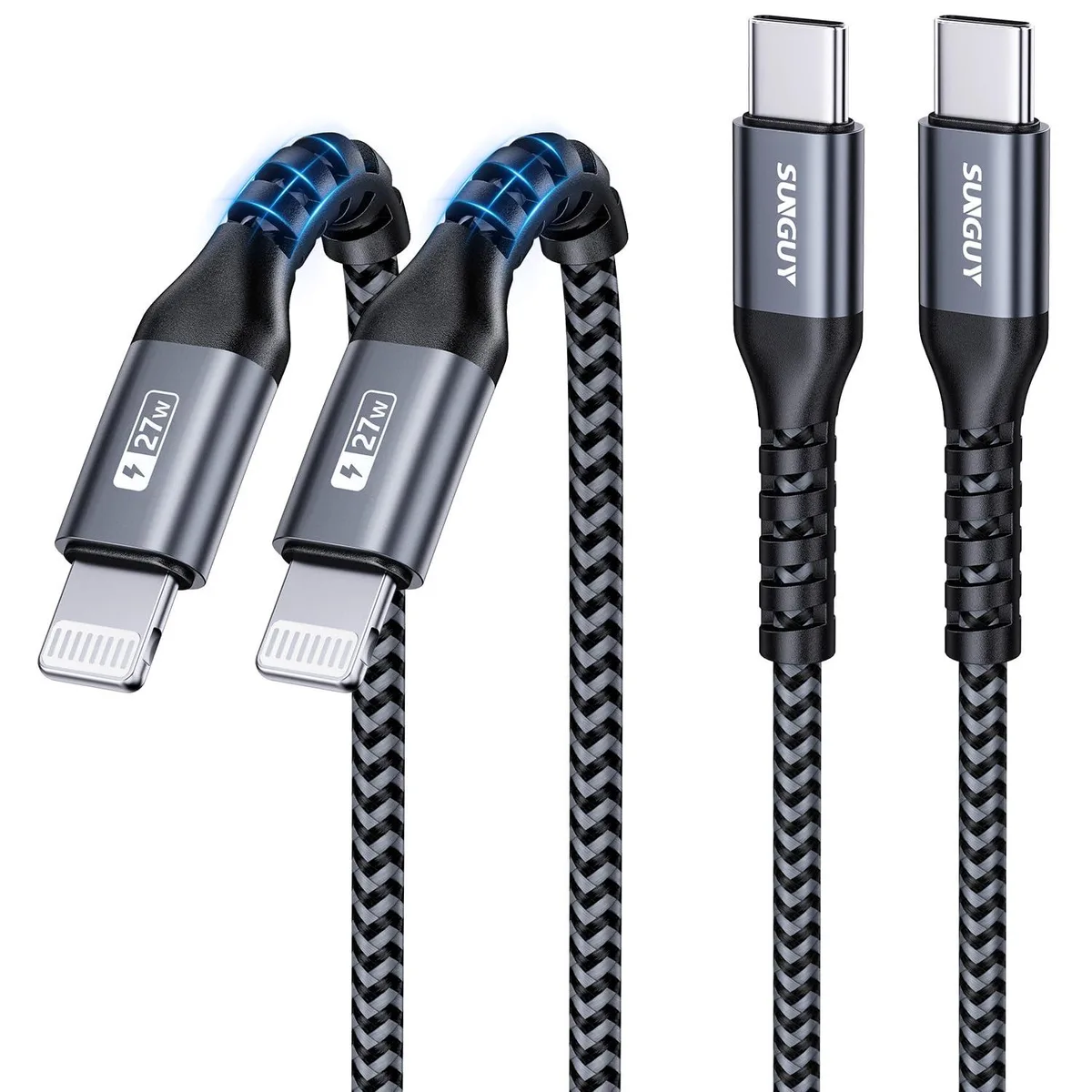 Two short grey nylon-braided USB-C to Lightning cables, one foot each, male-to-male connectors