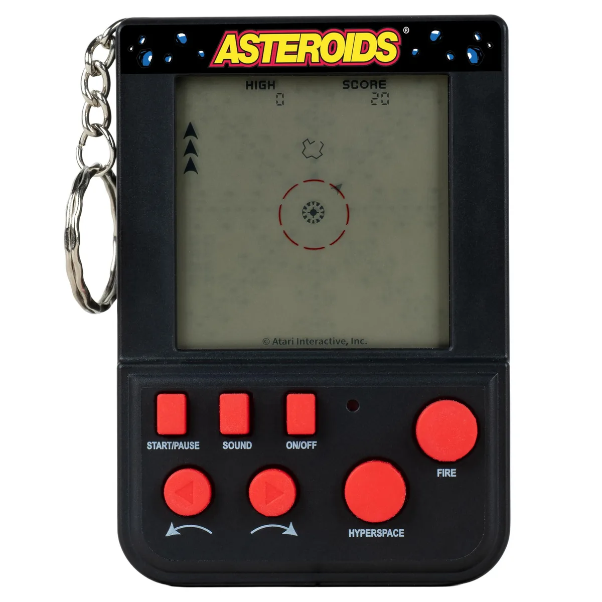 Small black handheld arcade keyring with LCD screen and buttons