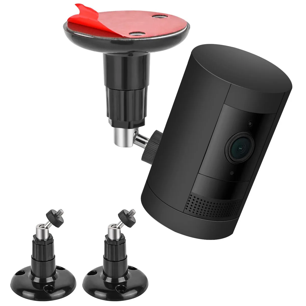 Two black adhesive wall-mount brackets with 360° swivel joints, screwless design