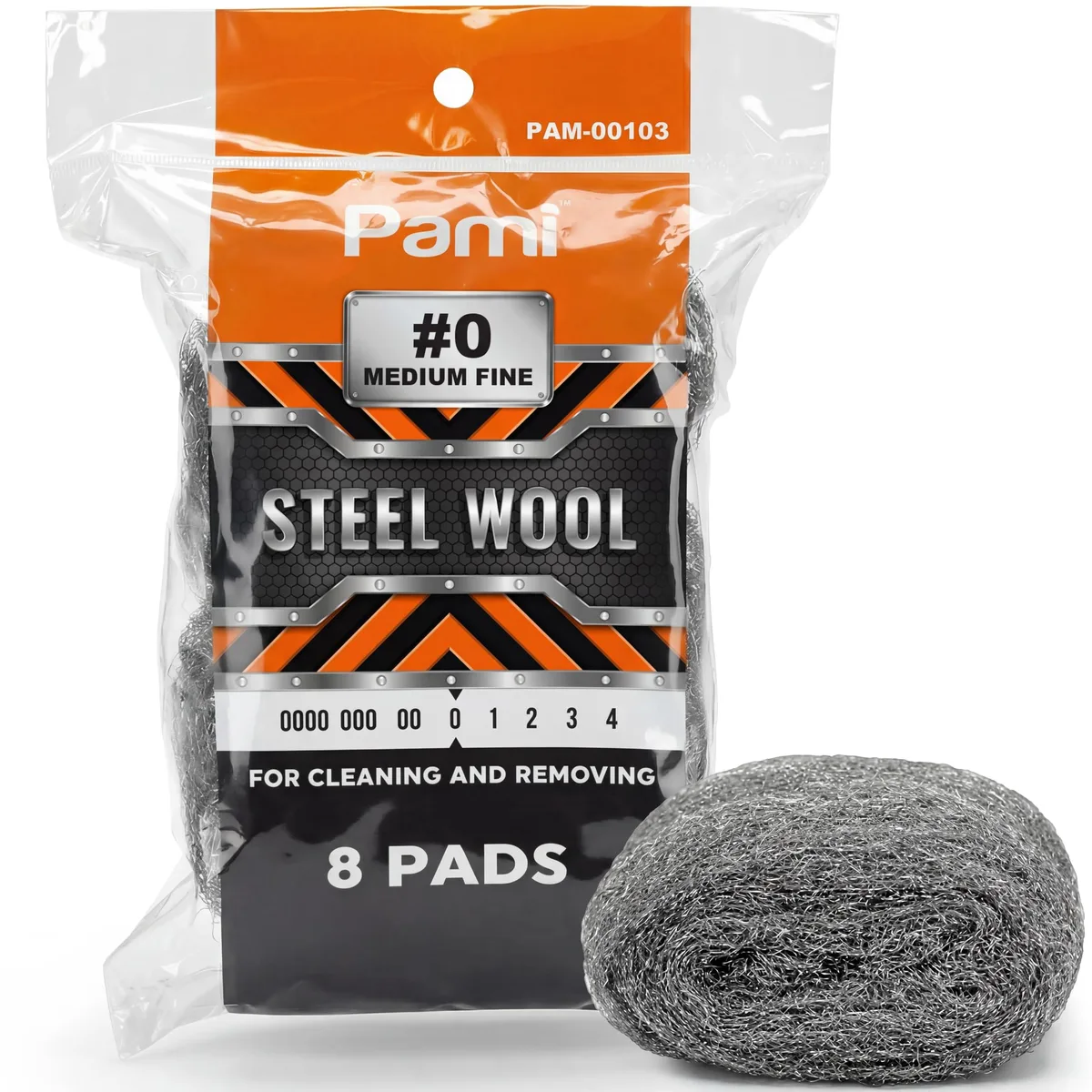 Eight steel wool pads, medium fine grade, silver metallic texture