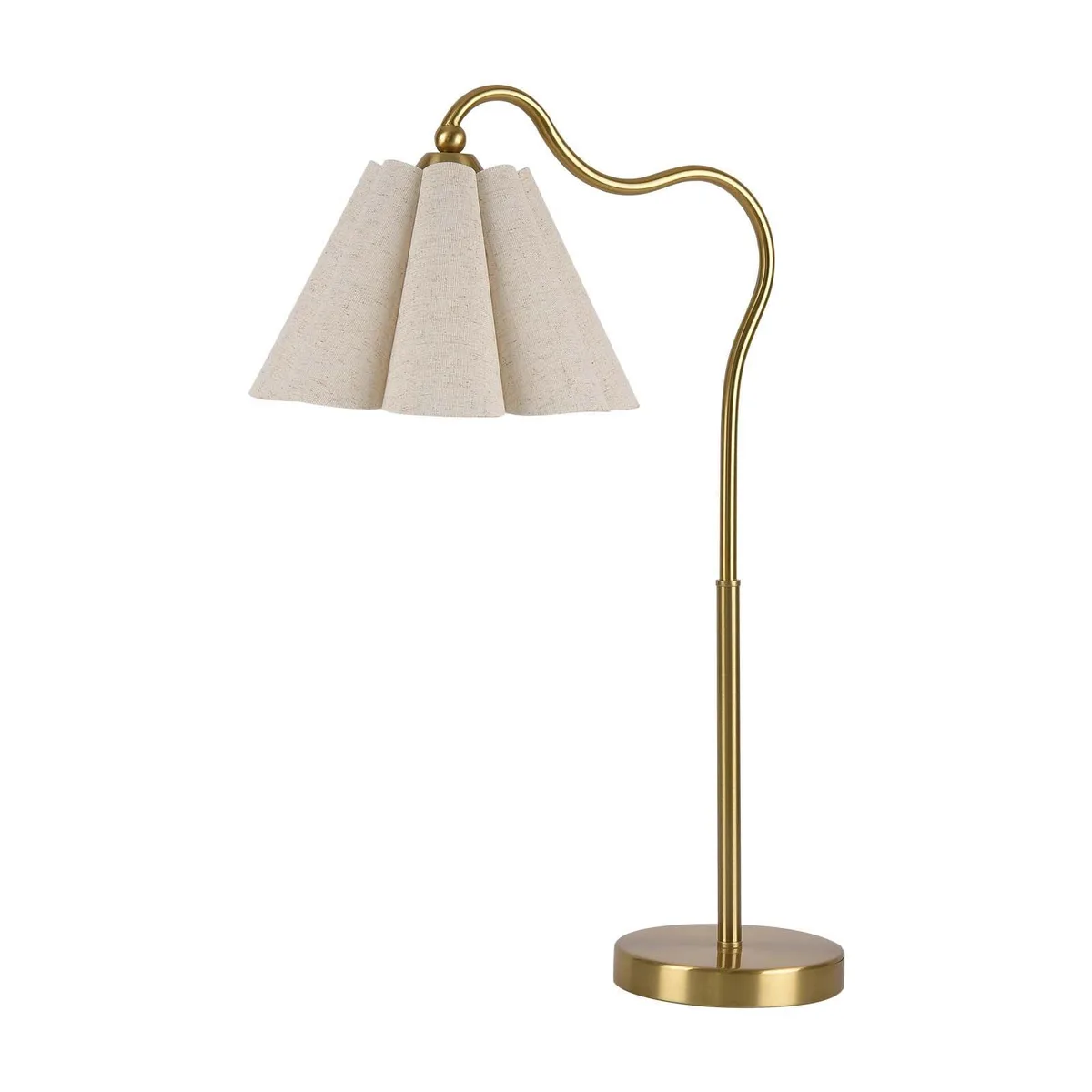 Gold metal table lamp with umbrella linen shade, 22.8 inches tall