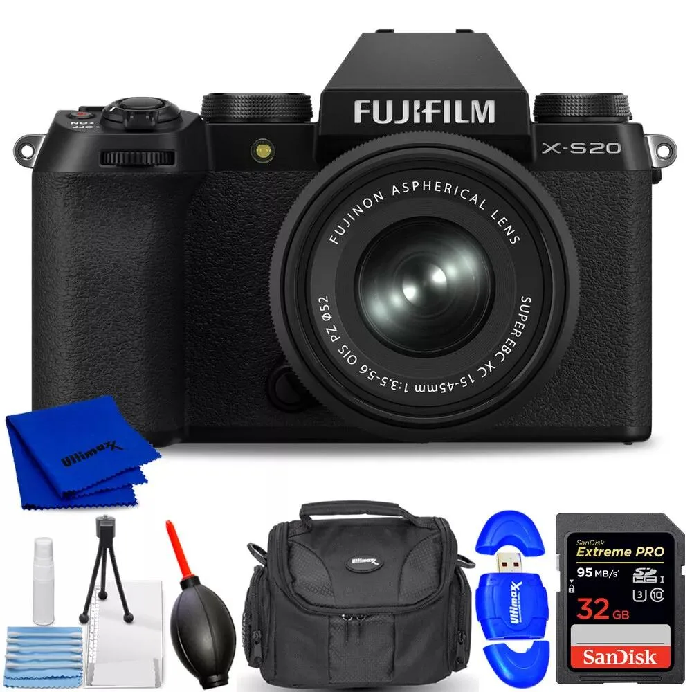 FUJIFILM FUJIFILM X-S20 compact mirrorless camera with 15-45mm lens (Black) 7PC kit — product photo