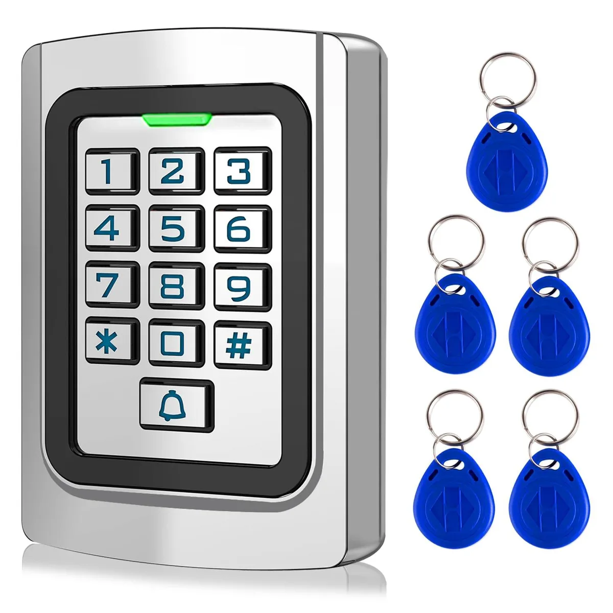 Black rectangular metal keypad with backlit buttons and five key fobs