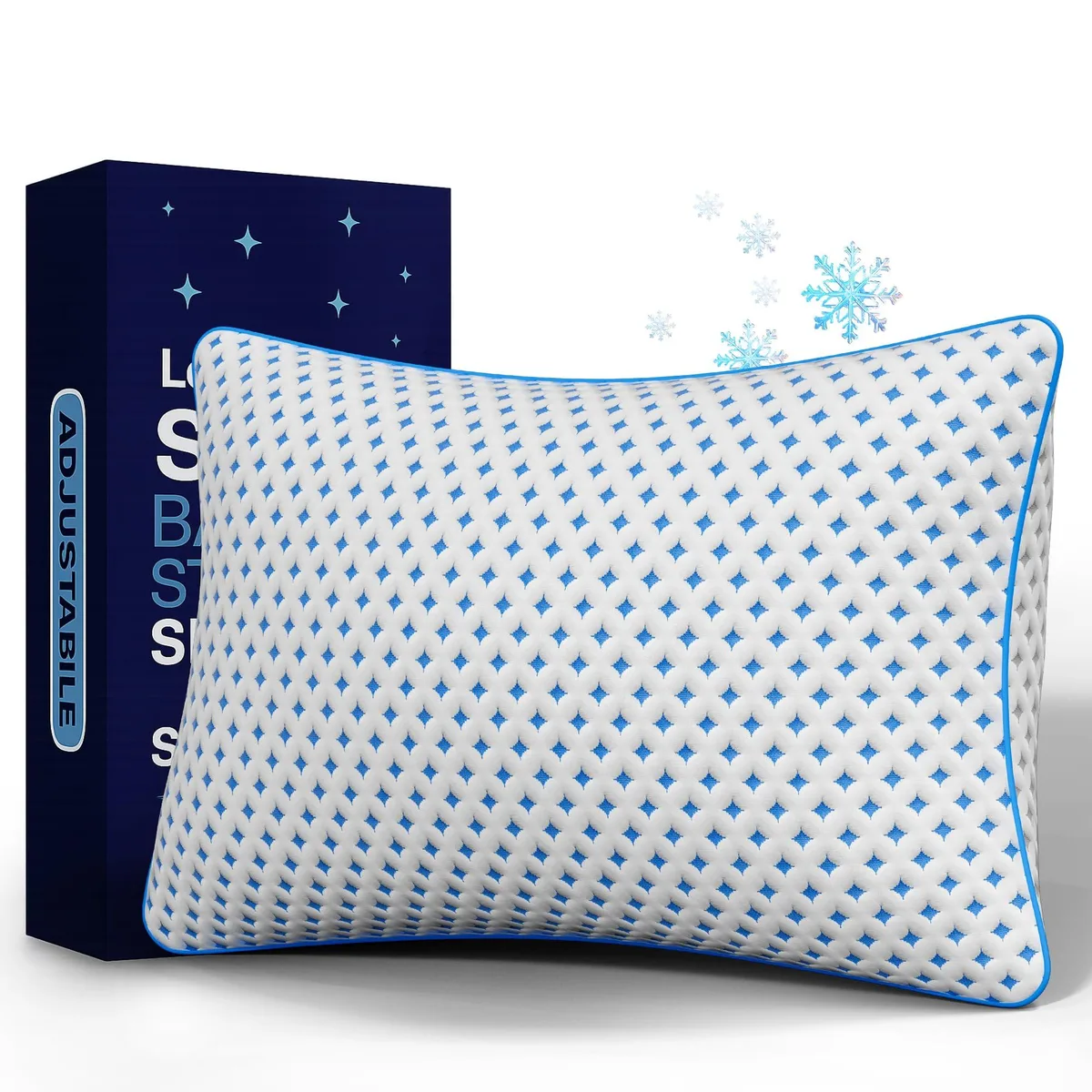 Rectangular shredded memory foam pillow with blue and white reversible cover