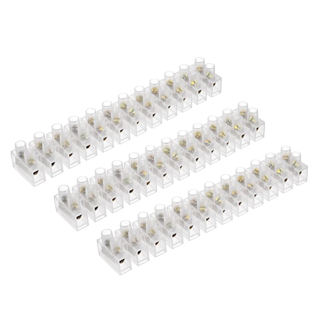 Five transparent dual-row terminal blocks with brass screws visible inside