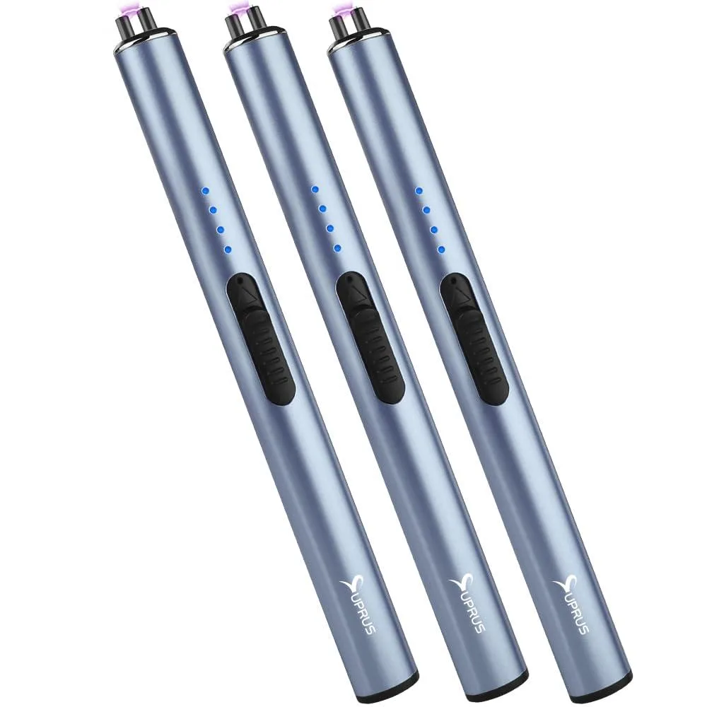 Three black metal arc lighters with safety locks and LED battery indicators