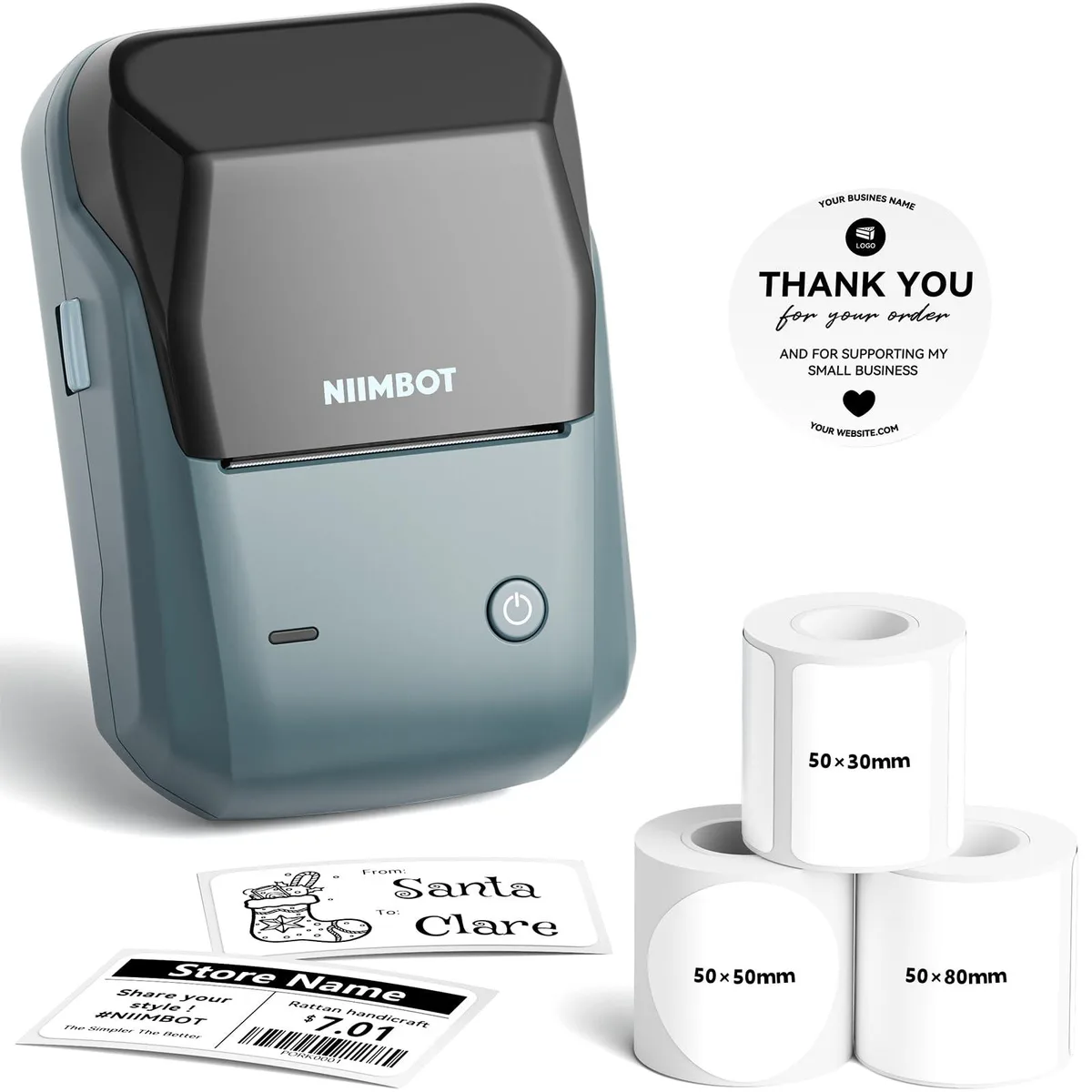 Compact blue label printer with three white tape rolls included