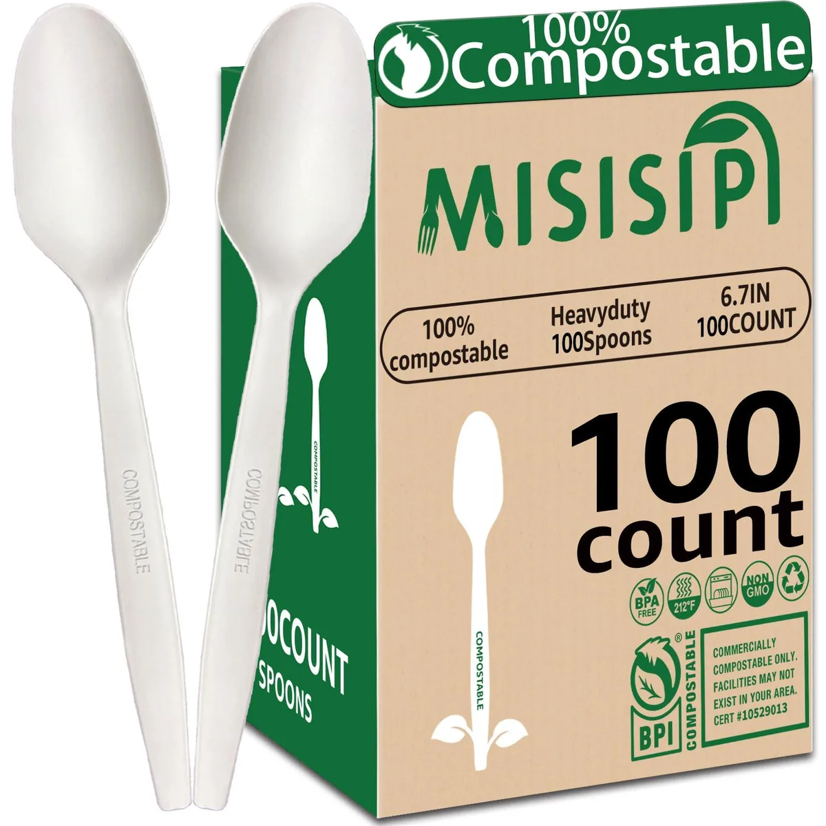 A stack of 100 matte white plant-based spoons, each 6.7 inches long