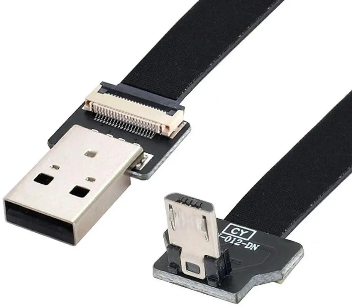 Flat white ribbon cable with right-angled Micro USB plugs at each end