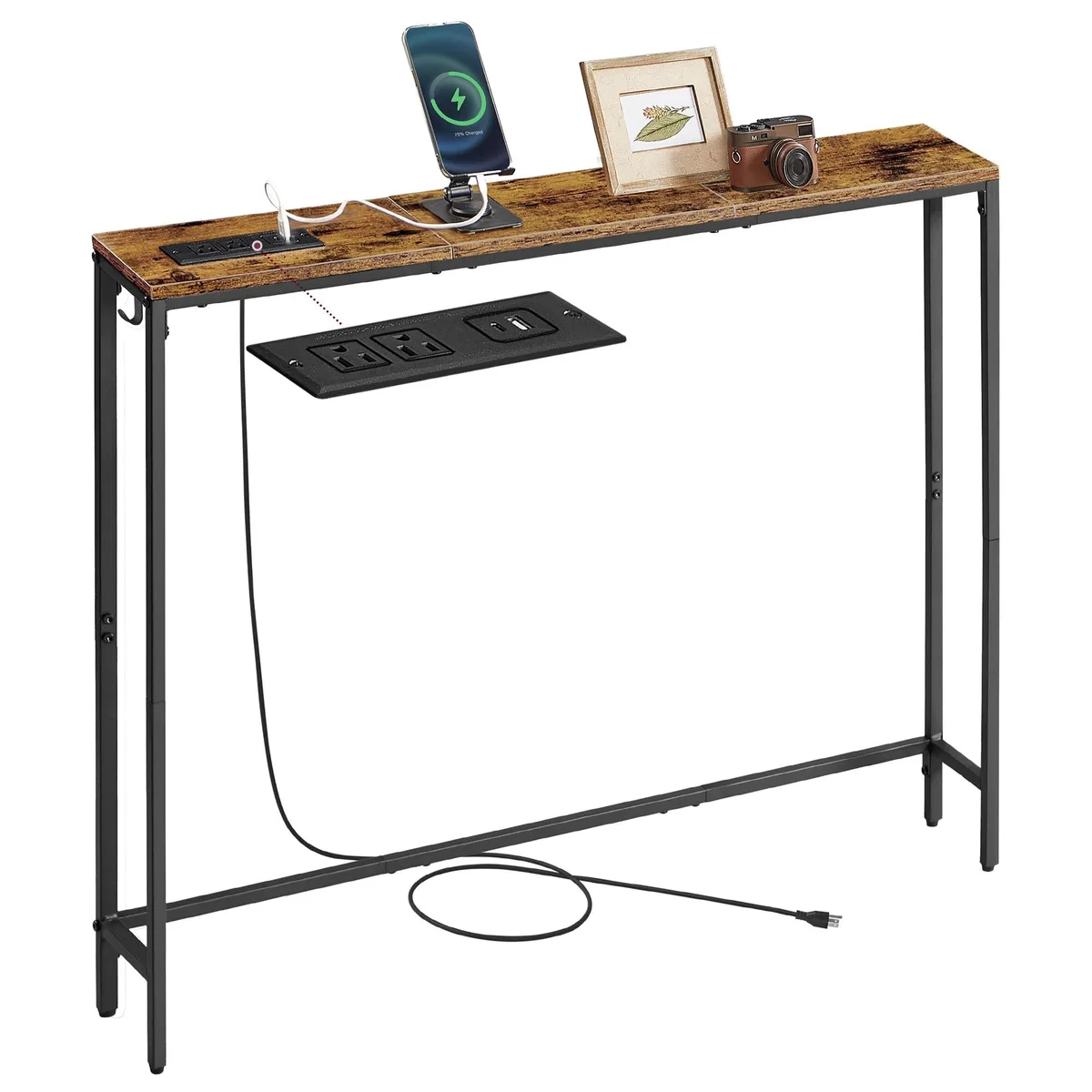 Slim console table rustic brown top black steel frame built-in power strip hook adjustable feet