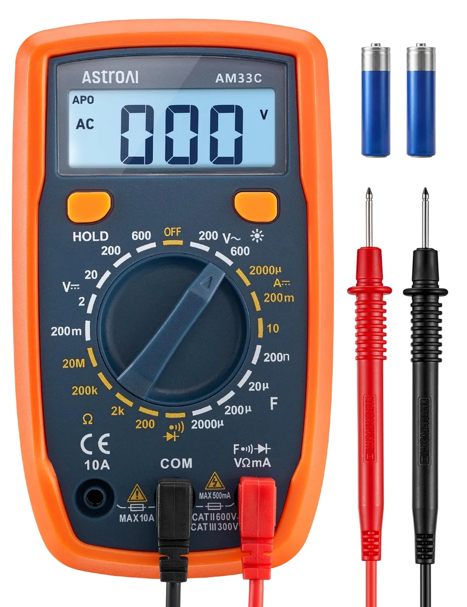 Orange handheld digital multimeter with test leads, LCD screen and rotary selector, 13 cm long