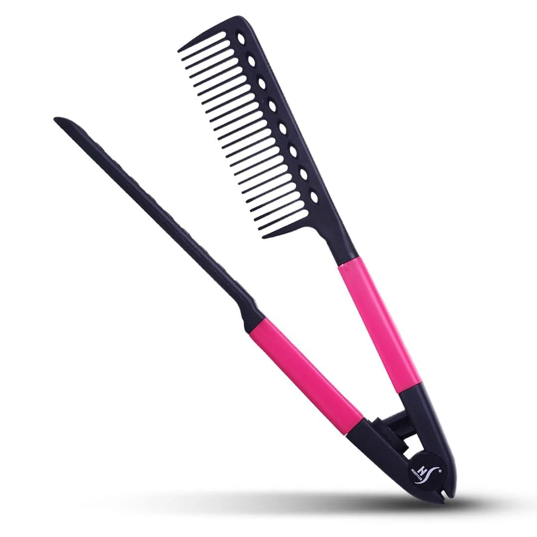 Black plastic V-shaped styling comb with ergonomic handle