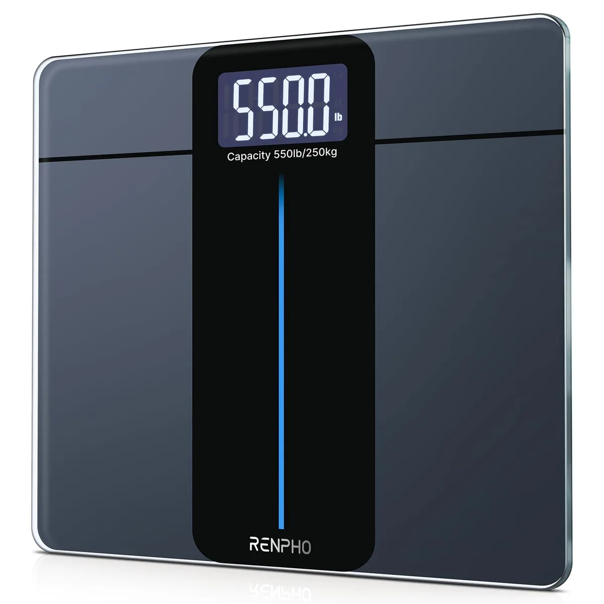 Black rectangular digital bath scale with large LCD display and tempered glass surface