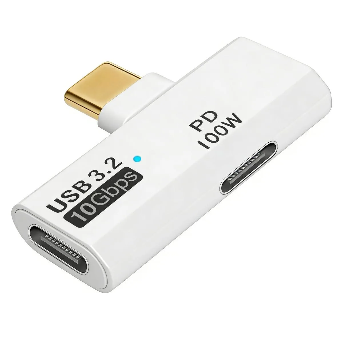 Compact USB-C splitter with 90-degree male plug and two female ports