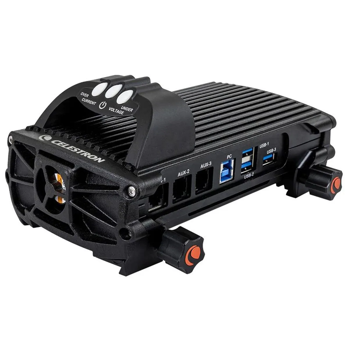 Rectangular black control box with multiple RCA, USB and DC ports