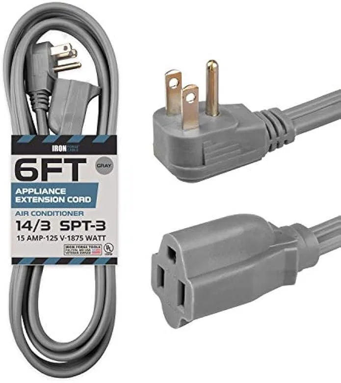 Grey 14-gauge flat extension cord with right-angle plug, six feet long