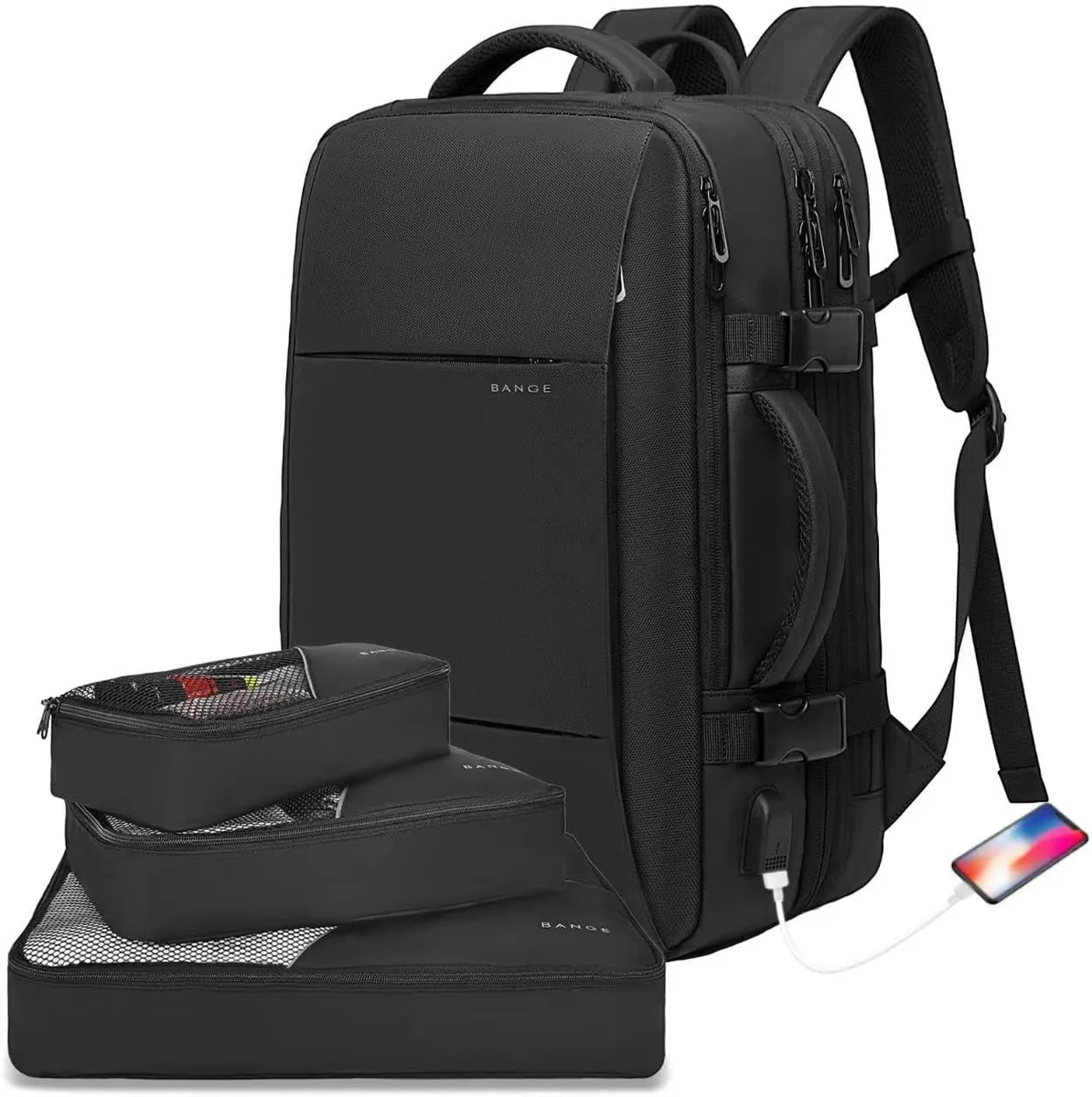 BFKK expandable travel backpack in black with top and side handles and front zip pockets