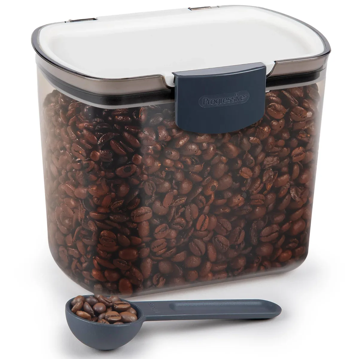 Tinted coffee plastic container with latch lid and snap-on scoop