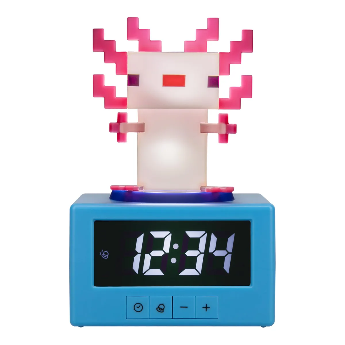 A multicolour Minecraft axolotl shaped digital alarm clock with night light function