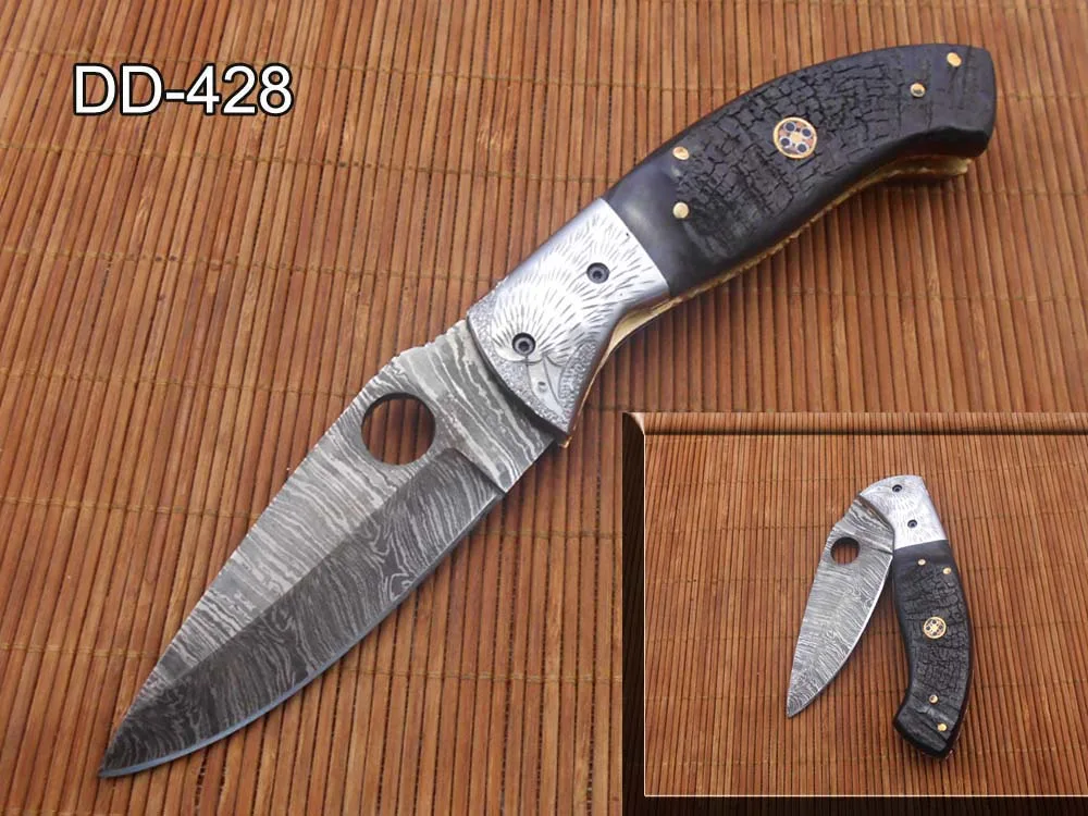 Damascus Depot Damascus Depot Folding Knife 8 Inch Ram Horn Bird Engraved Bolster — product photo