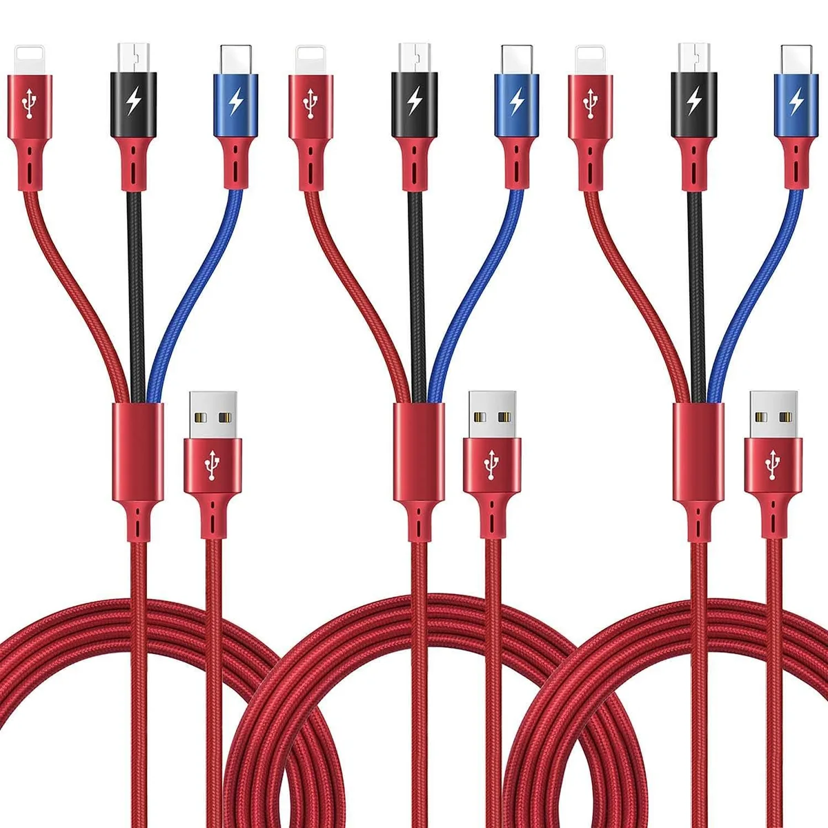 KEHIPI KEHIPI 3Pack 5ft 3-in-1 Braided USB Cable Red — product photo