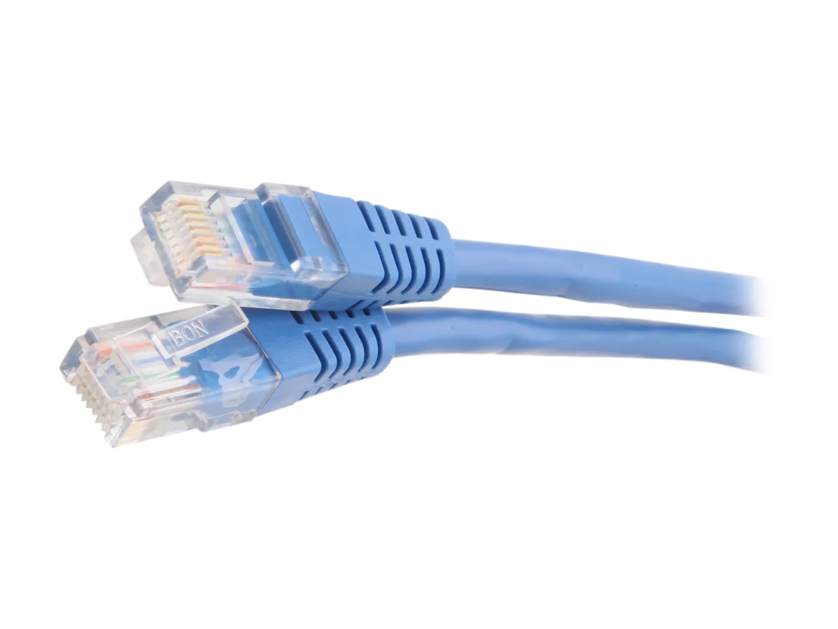 Blue Cat 5e molded RJ45 patch cable, two feet long