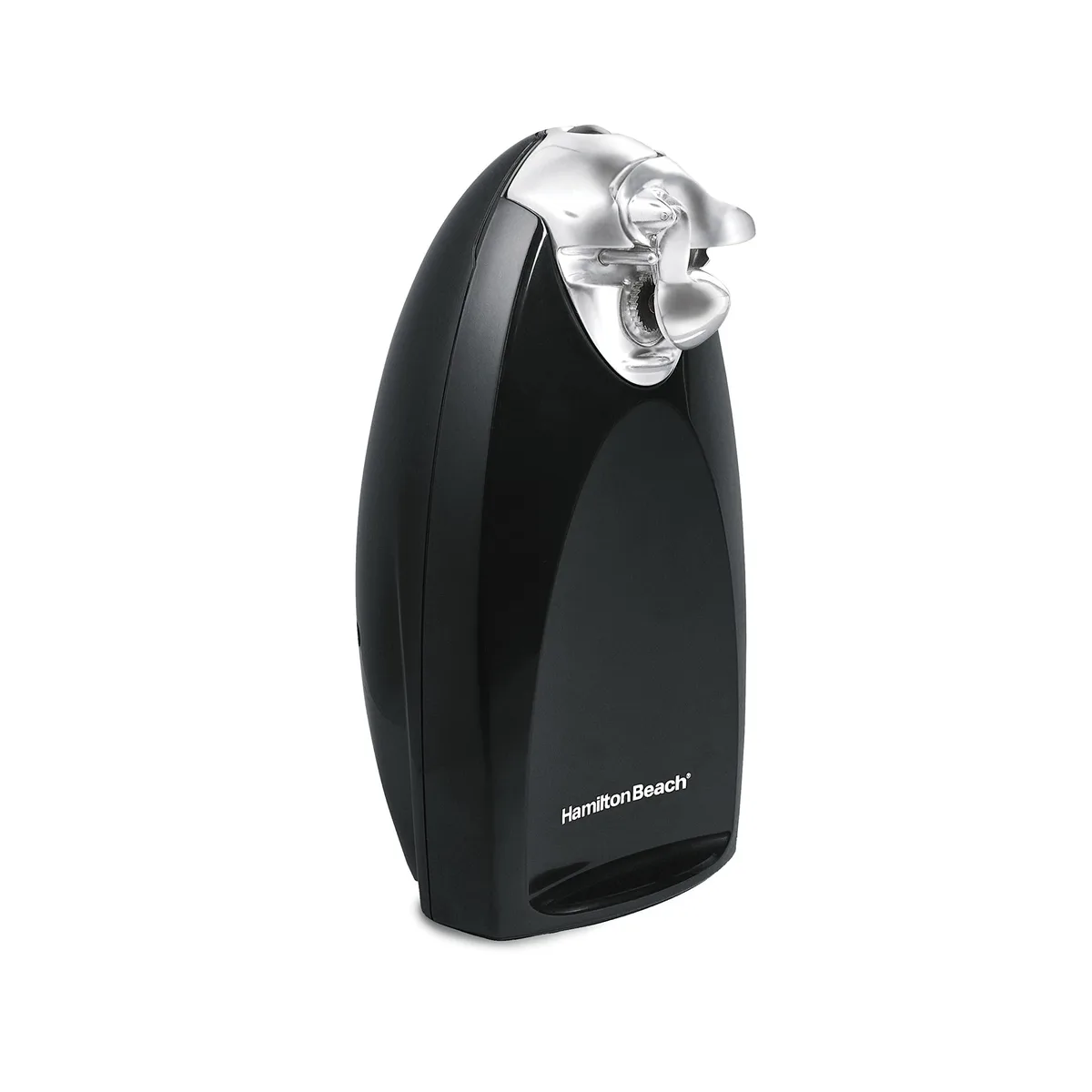 Black electric can opener with tall vertical body, lever arm on top, knife sharpener slot at rear, cord storage underneath