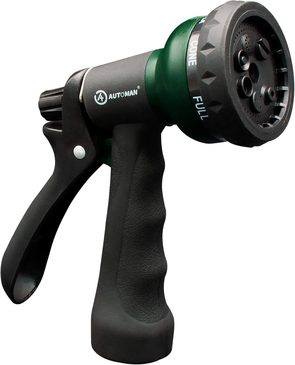 ABS plastic garden hose nozzle with rubber grip and rotating pattern dial