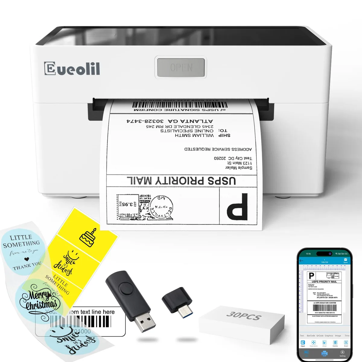 Compact white desktop thermal label printer with Bluetooth and USB, 14.33in wide