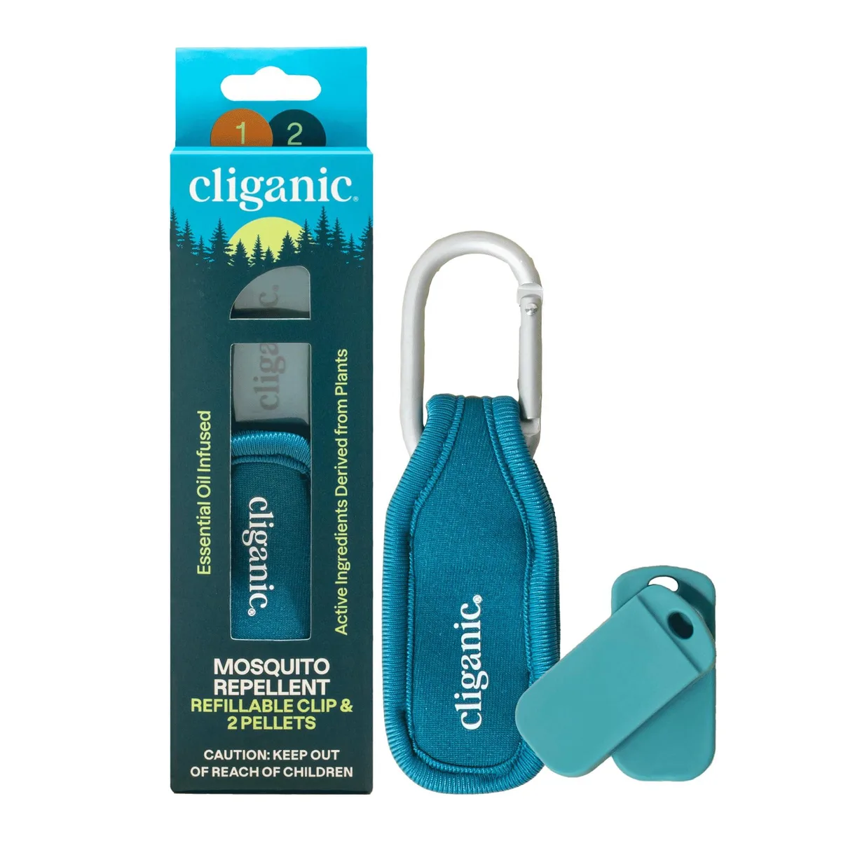 White plastic clip with two small cylindrical refill pellets in clear packaging