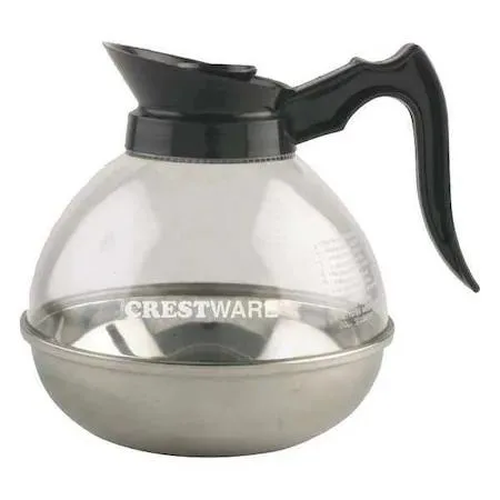 Black 64 oz stainless steel coffee decanter with black plastic lid and handle