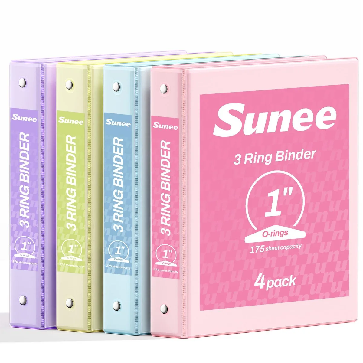 Four pastel 1-inch clear-view three-ring binders side by side
