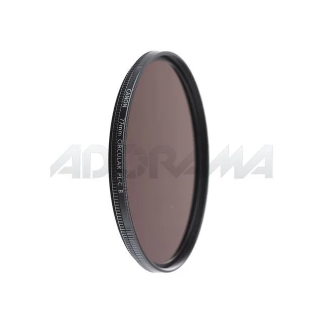 A black 77mm circular polarizer filter in a metal frame