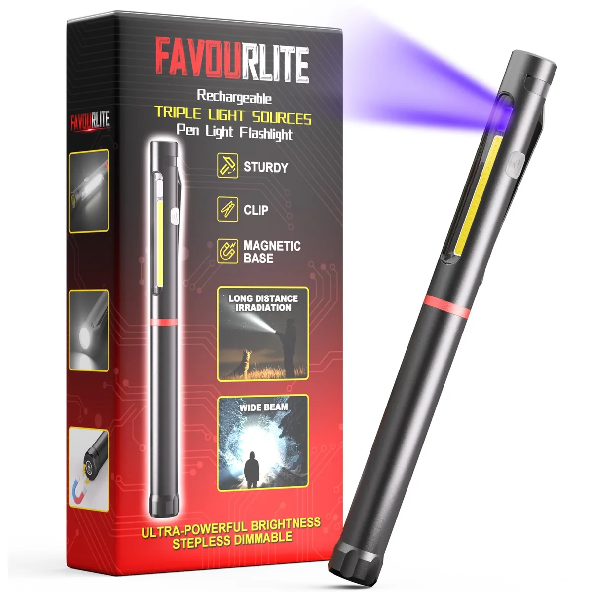 Slim aluminium penlight with magnetic clip and side COB panel